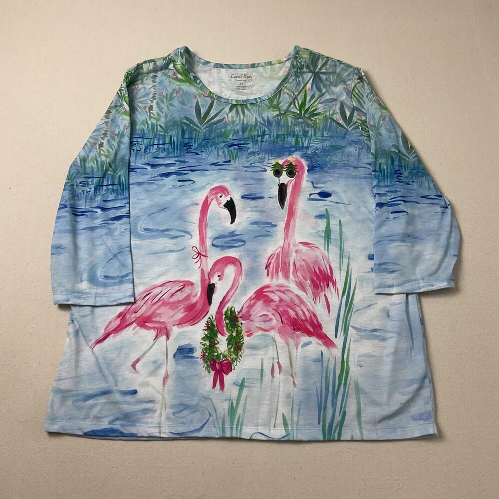 Coral Bay Womens 1X Flamingo Tropical Christmas Three Quarter Sleeve Shirt